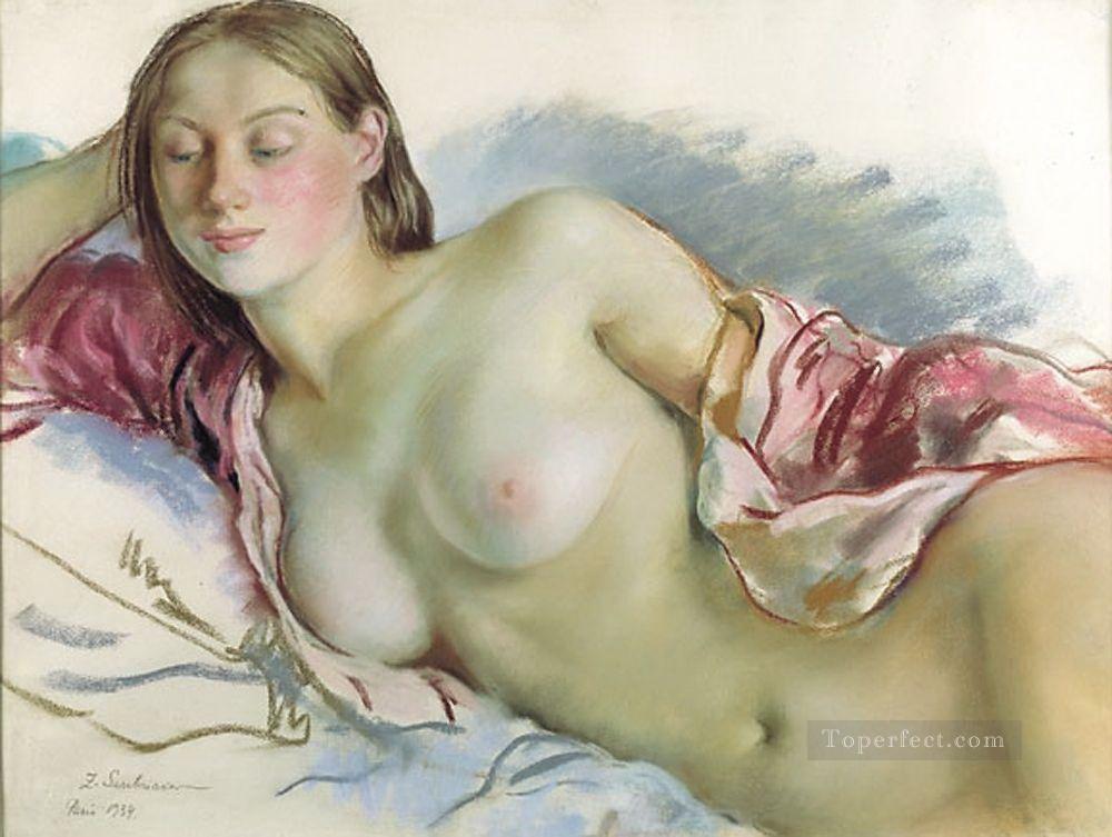 桜のマントを着た横たわる裸体 1934年 ロシア油絵